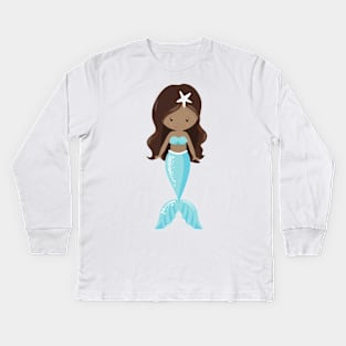 African American Mermaid, Cute Mermaid, Blue Tail Kids Long Sleeve T-Shirt